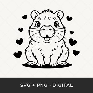 Pode incluir: Ilustração a preto e branco de uma marmota fofa com um rosto sorridente, bigodes e rodeada por corações pretos. A marmota está sentada num oval preto. O texto "SVG + PNG • DIGITAL" está na parte inferior.