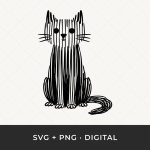 Könnte beinhalten: Schwarz-Weiß-Illustration einer Katze mit vertikal gestreiftem Körper. Die Katze sitzt aufrecht mit einem gebogenen Schwanz. Der Text "SVG + PNG • DIGITAL" ist unten im Bild enthalten.