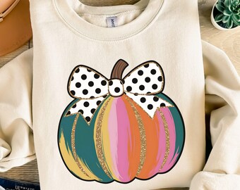 Colorful Coquette Pumpkin PNG: Gold Glitter, Dalmatian Bow (Digital Download)