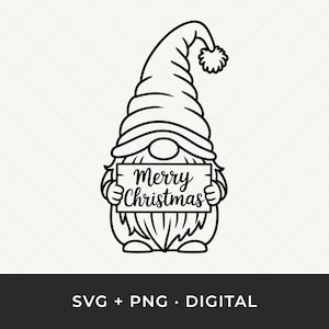 May include: A black and white line drawing of a Christmas gnome holding a sign that says "Merry Christmas". The gnome has a long hat with a pom-pom, a beard, and is a festive holiday design.