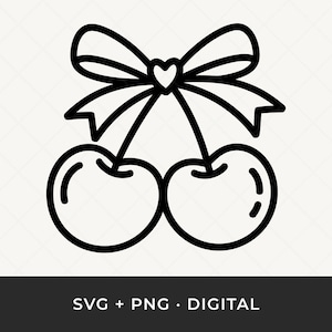 Puede incluir: Ilustración en blanco y negro de dos cerezas con un lazo y un corazón. El texto "SVG + PNG • DIGITAL" se muestra en la parte inferior de la imagen. Ideal para proyectos de arte digital y diseño.