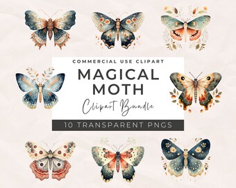 Watercolor Moth Clipart: Fantasy Witchcraft PNG Bundle (Digital Download)