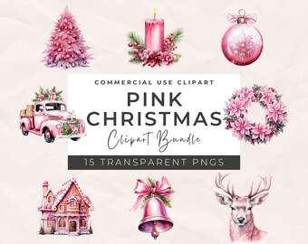Watercolor Pink Christmas Clipart: Cottagecore Winter PNG Bundle