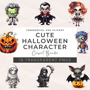 Schattige Halloween-personages clipart-Halloweenkunst voor ambachten en decor, PNG-bundel, digitale download, sublimatie ontwerpen, grillig