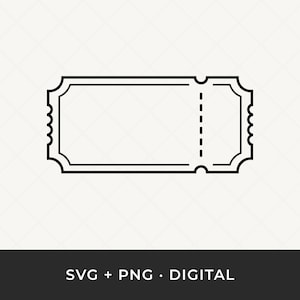 Peut inclure: Illustration d'un billet noir et blanc avec une ligne pointillée pour la section détachable. Le billet a une bordure décorative et est placé sur un fond clair. Le texte "SVG + PNG • DIGITAL" est en bas.