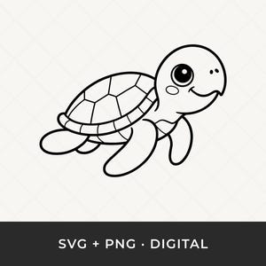 Può includere: Illustrazione di un cartone animato in bianco e nero di una tartaruga sorridente. La tartaruga ha un guscio segmentato, arti simili a pinne e un'espressione amichevole. Il testo "SVG + PNG • DIGITAL" è incluso in basso.