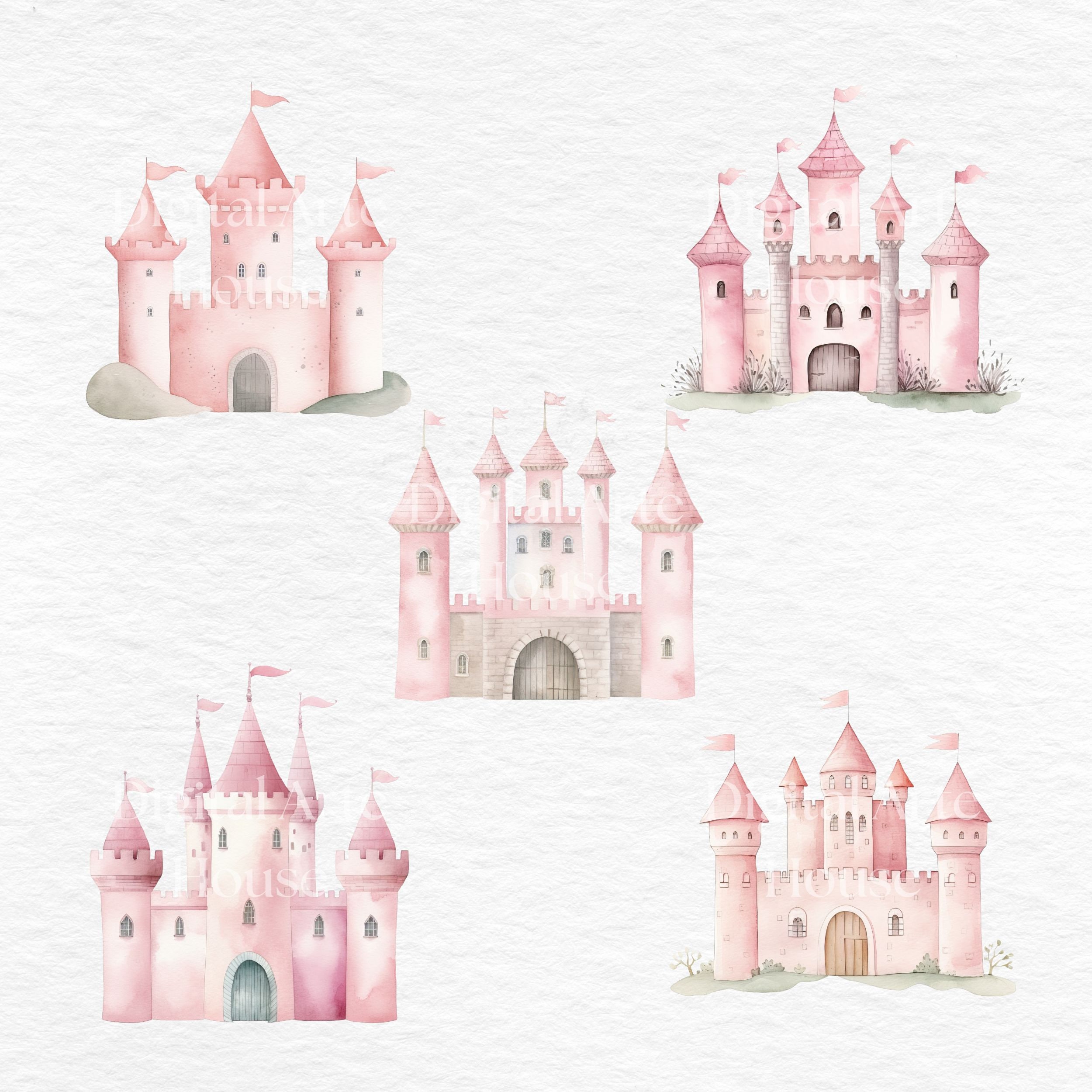 Watercolor Pink Fairy Castle Clipart: Princess Kingdom PNG ...