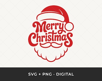 Könnte beinhalten: Rote Grafik von Santa Claus' Gesicht mit dem Schriftzug "Merry Christmas" in einer festlichen Schriftart. Das Design umfasst einen Weihnachtsmannhut, einen Schnurrbart und einen Bart. Der untere Teil des Bildes enthält den Text "SVG + PNG • DIGITAL".