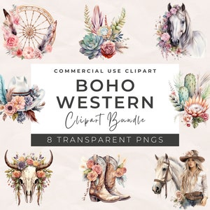 Watercolor Western Clip Art Bundle: Cowboy, Cowgirl, Wild West PNG (Digital Download)