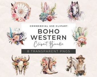 Watercolor Western Clip Art Bundle: Cowboy, Cowgirl, Wild West PNG (Digital Download)