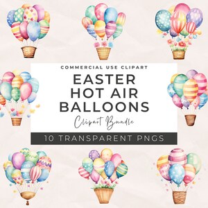 Watercolor Easter Hot Air Balloon PNG Clipart Bundle - Happy Easter PNG, Easter Egg Basket, Boho Spring Clipart, Scrap Book, Commercial Use