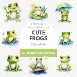 Clipart de sapos em aquarela fofo - gráficos de sapos, sapo engraçado, clipart de sapo fofo, clipart de sapo, clipart de lagoa, sapo cottagecore, livro de recortes