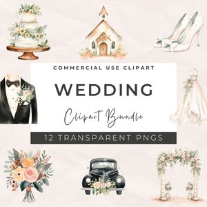 Pacote de clipart de casamento em aquarela - linha do tempo do casamento, clipart de casamento, bolo de casamento, PNG de casamento, livro de recortes, uso comercial, para download