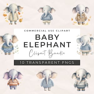 Clipart di elefantino acquerello, clipart carino per uso commerciale, PNG trasparenti, animali dello zoo safari africano, cuccioli di elefante, asilo nido