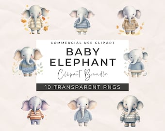 Clipart de elefante bebé en acuarela: PNGs para guardería (uso comercial)