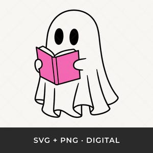 Peut inclure: Un fantôme de dessin animé lisant un livre rose. Le fantôme est blanc avec des yeux noirs et porte un drap blanc. L'image comprend le texte "SVG + PNG • DIGITAL" en bas.