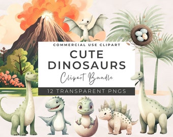 May include: A digital clipart bundle of 12 cute cartoon dinosaurs in various poses. The dinosaurs are green, blue, and beige with white accents. The clipart is perfect for creating invitations, cards, and other crafts.
