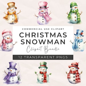 May include: Twelve watercolor illustrations of Christmas snowmen with various hats, scarves, and facial expressions. The snowmen are all white with black eyes and buttons. The background is a light brown watercolor wash.
