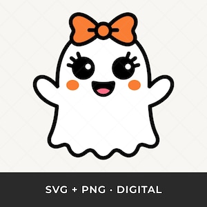 Puede incluir: Un simpático fantasma de dibujos animados con un lazo naranja, mejillas rosadas y una boca sonriente. El fantasma tiene grandes ojos negros y está delineado en negro. La imagen incluye el texto "SVG + PNG • DIGITAL".