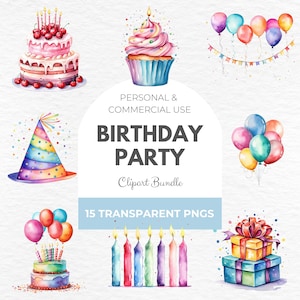 Aquarell Geburtstag Party Kuchen vorhanden Luftballons Clipart Bundle, alles Gute zum Geburtstag Designs, Geburtstagseinladungskarte, kommerzielle Nutzung, Sammelalbum