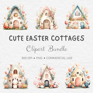 Pacchetto di clipart PNG di cottage pasquali ad acquerello - Case pasquali, casette primaverili, download digitale istantaneo, uso commerciale