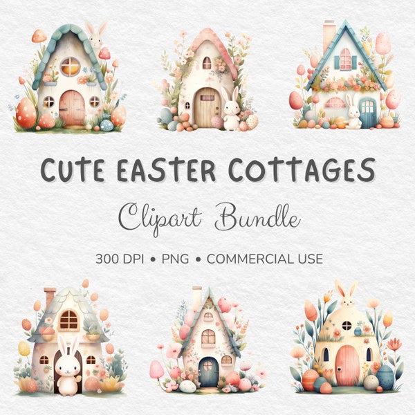 Watercolor Easter Cottage PNG Clipart Bundle - Easter Houses, Spring Cottage Houses, Instant Digital Download, Commercial Use