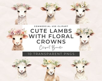 Watercolor Lamb Clipart Bundle – Floral PNG Images (Digital Download