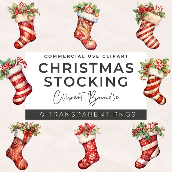 Watercolor Christmas Stocking Clipart Bundle - 10 high quality PNG files, Christmas decoration clip art, Xmas sock, printable graphics