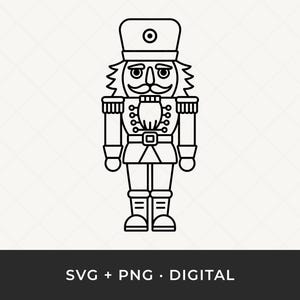 Könnte beinhalten: Eine Schwarz-Weiß-Strichzeichnung eines Nussknacker-Soldaten. Der Nussknacker trägt einen Hut, eine Uniform und Stiefel. Der Text "SVG + PNG • DIGITAL" steht unten.