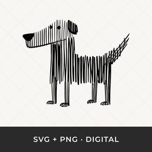 May include: A black and white line drawing of a dog. The dog is stylized with vertical lines for its body and head. The image includes the text "SVG + PNG • DIGITAL" at the bottom.