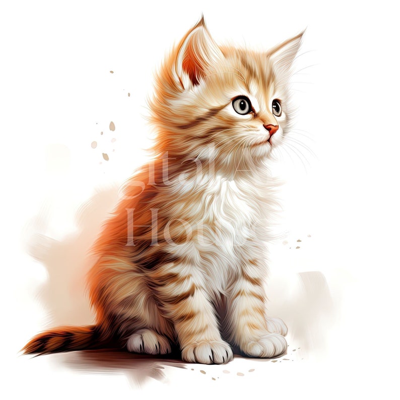 May include: A fluffy, orange and white kitten sits with its head tilted up, looking to the right. The kitten has green eyes and a white patch on its chest.