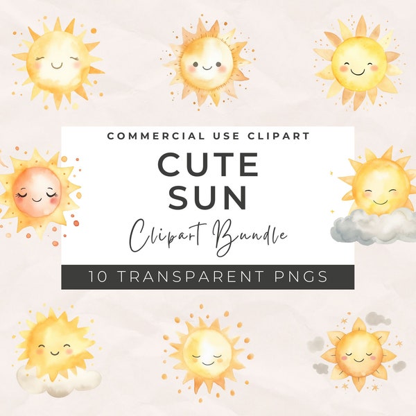 Watercolor Cute Sun Clipart - 10 High Quality PNGs, Nursery Art, Digital Download, Card Making, Sun and Cloud Clipart, Digital Paper Craft