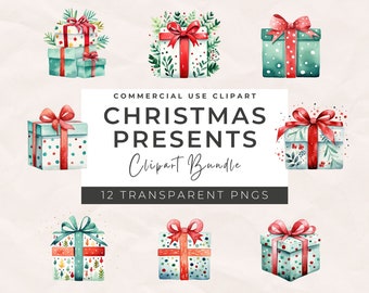 Watercolor Christmas Presents Clipart: Gift Boxes PNG (Commercial Use)