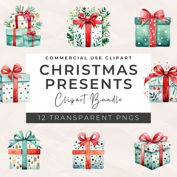 Watercolor Christmas Gift Boxes Clipart, Christmas Presents Clipart, Xmas Wrapped Gifts, Presents Clipart, Merry Christmas PNG