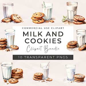 Watercolor Milk and Cookies Clipart: Transparent PNGs (Commercial Use)