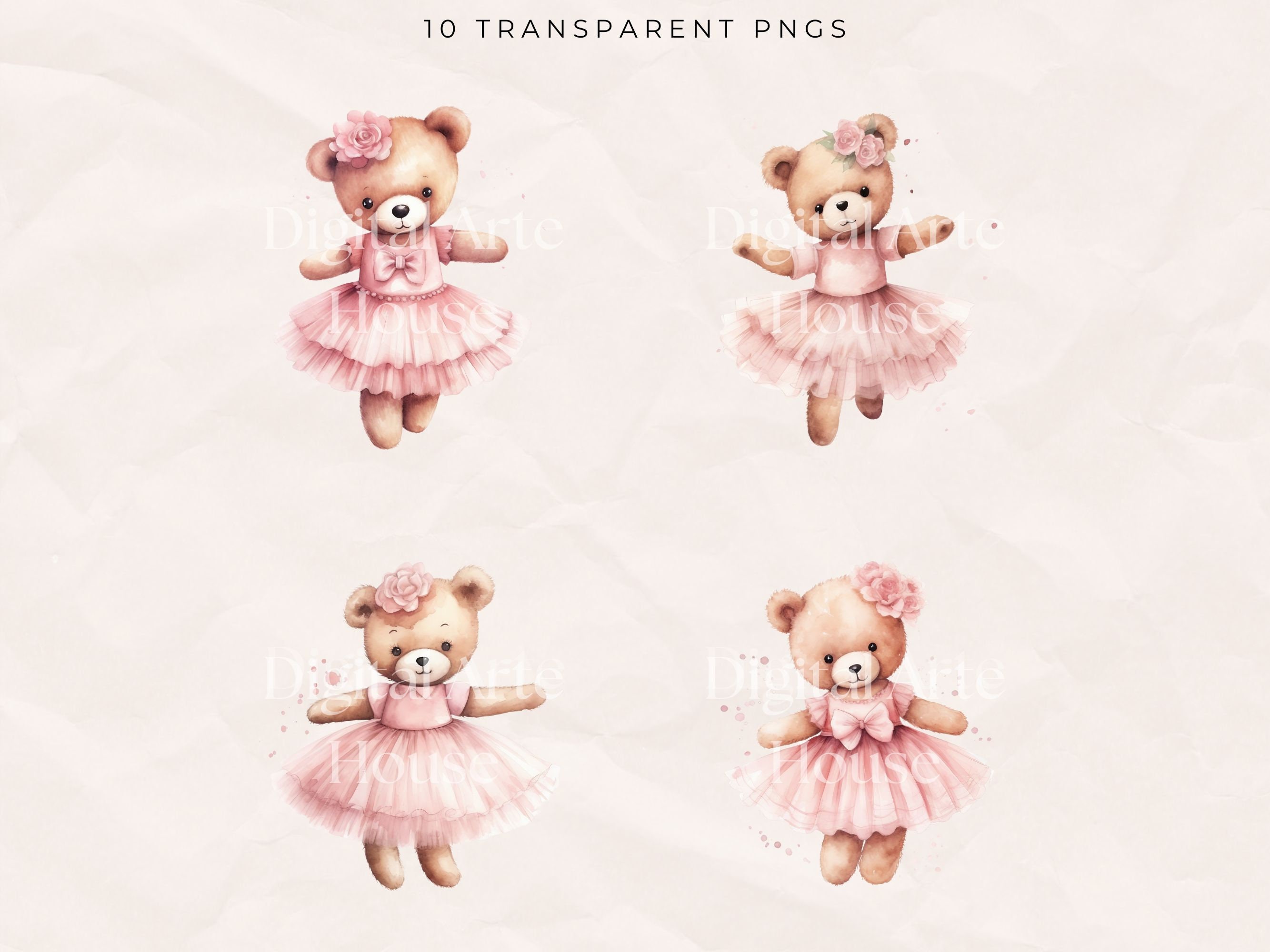 Watercolor Ballerina Teddy Bear Clipart: Commercial Use (digital ...