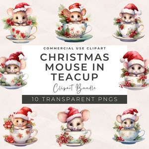 Clipart di topi di Natale in tazze da tè PNG, clipart di Natale, clipart invernale, clipart di festa, clipart di topo di Natale, download digitale