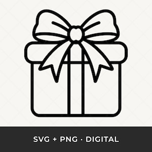 May include: A black and white line drawing of a present with a bow. The gift box is rectangular with a rounded top and a central vertical line. The bow is large and detailed. The text "SVG + PNG • DIGITAL" is at the bottom.