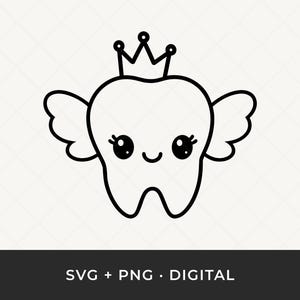 以下が含まれることがあります： 翼と王冠を持つ歯の白黒イラスト。歯は大きな目を持つ笑顔の顔をしています。「SVG + PNG • DIGITAL」の文字が下にあります。
