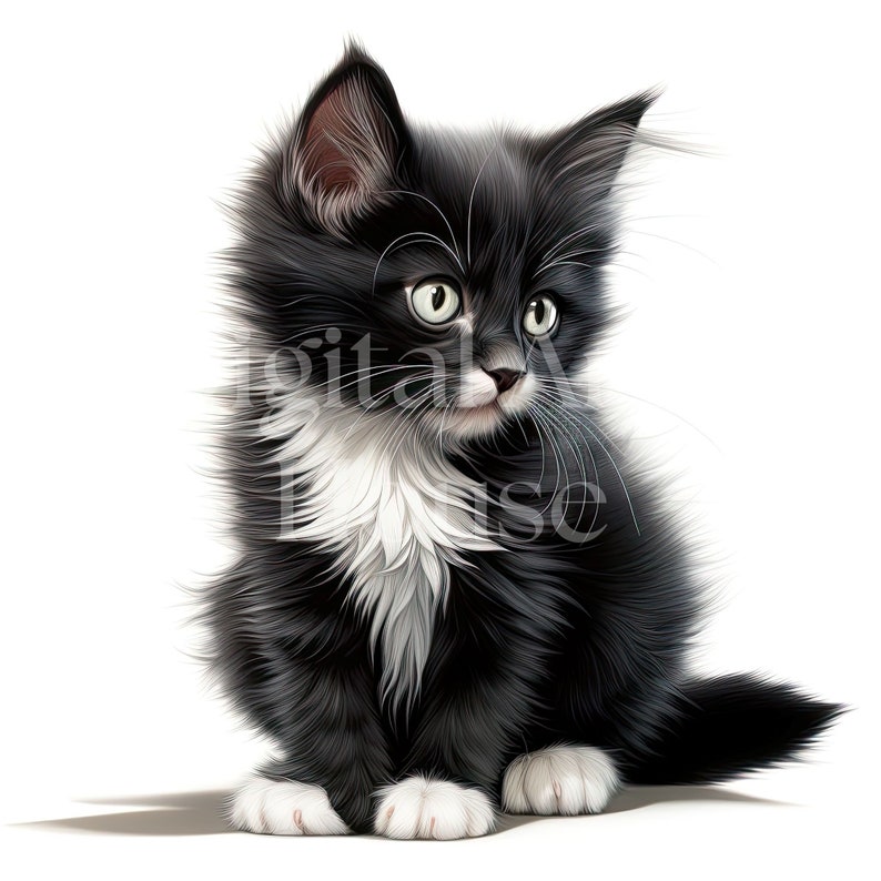 May include: A black and white kitten with white fur on its chest and paws sits on a white background. The kitten has green eyes and is looking to the right.