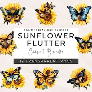 Bundle de cliparts tournesol aquarelle - papillon aquarelle artistique, album de coupures, fabrication de cartes, tenue d'un journal, créations numériques en papier