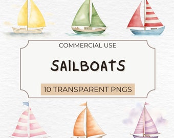 Watercolor Sailboats Clipart: Nautical PNG Graphics (Digital Download)