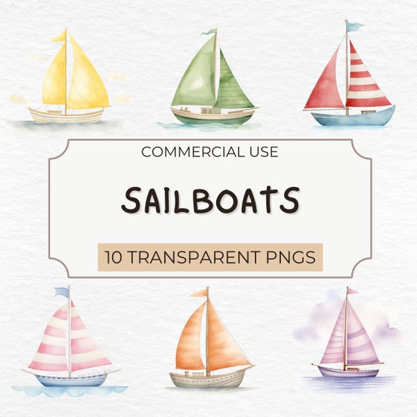 Watercolor Sailboats Clipart - Nautical Ocean Sailboats, Sailing, Ocean Clip Art, Ocean Waves, Commercial Use, Scrap Book, Digital Download