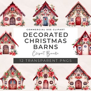 Watercolor Decorated Christmas Barns Clipart - Designer Christmas PNG, Junk Journaling Craft Clipart Instant Downloadable Artwork PNG