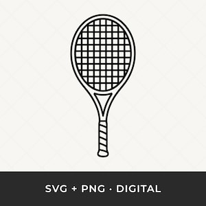 Puede incluir: Dibujo lineal en blanco y negro de una raqueta de tenis. La raqueta tiene una cabeza rectangular con una cuadrícula de cuerdas y un mango texturizado. La imagen incluye el texto "SVG + PNG • DIGITAL".