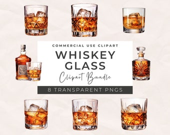Watercolor Whiskey Glass Clipart: Bourbon Cocktail PNG Bundle (Digital Download)