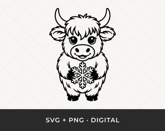 May include: Black and white illustration of a cartoon yak holding a snowflake. The yak has large eyes, horns, and a fluffy coat. The image includes the text "SVG + PNG • DIGITAL" at the bottom.