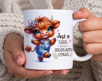 Highland Cow Mug Wrap, 11oz & 15oz Mug Template, Just A Girl Who Loves Highland Cows Mug Sublimation Design, Mug Wrap Template PNG