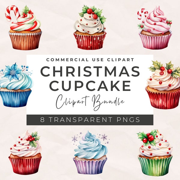 Watercolor Christmas Cupcake Clipart Bundle - Cupcakes Clipart, Cupcakes Clipart, Christmas Clipart, Transparent PNG, Commercial Use