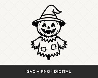 May include: Black and white Halloween-themed graphic of a scarecrow with a pumpkin head wearing a hat. The scarecrow has a jagged collar, arms, and legs, with two square patches on its chest. The image includes the text "SVG + PNG • DIGITAL".